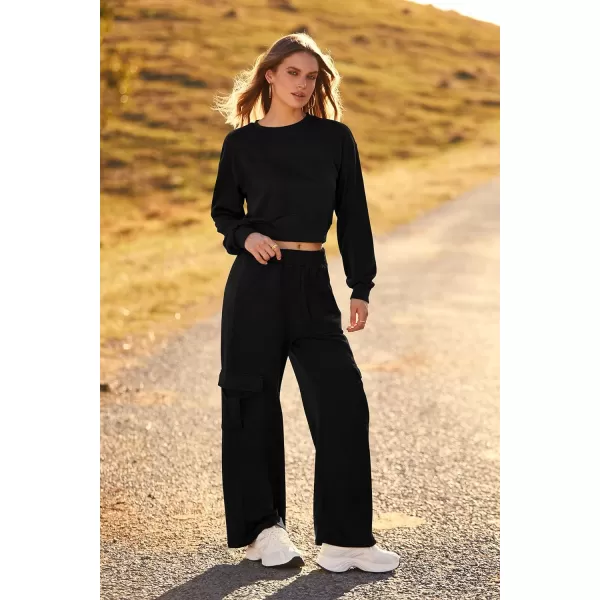 imagePRETTYGARDEN Womens Fall 2 Piece Outfits Sweatsuits Sets Long Sleeve Crop Tops Sweatshirt Wide Leg Cargo Pants with PocketsBlack