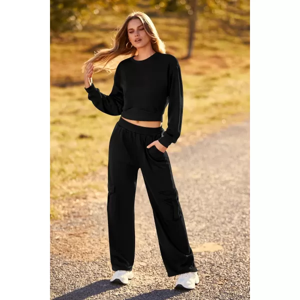 imagePRETTYGARDEN Womens Fall 2 Piece Outfits Sweatsuits Sets Long Sleeve Crop Tops Sweatshirt Wide Leg Cargo Pants with PocketsBlack