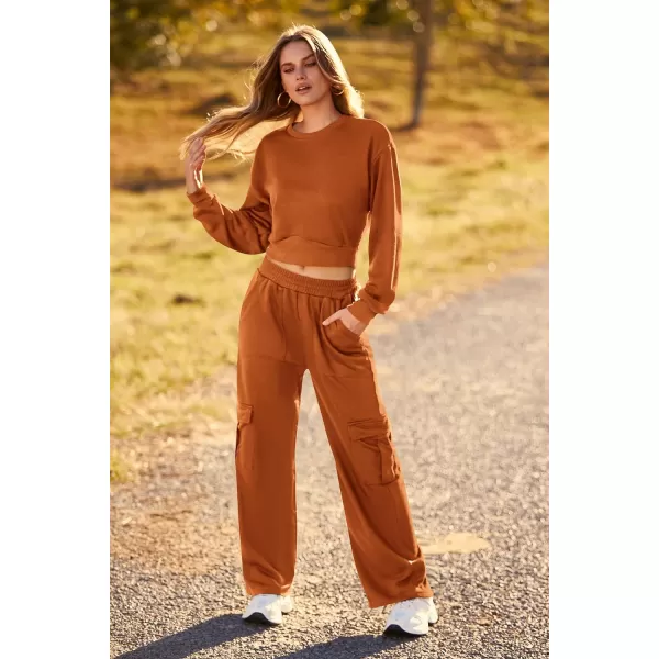imagePRETTYGARDEN Womens Fall 2 Piece Outfits Sweatsuits Sets Long Sleeve Crop Tops Sweatshirt Wide Leg Cargo Pants with PocketsBrown