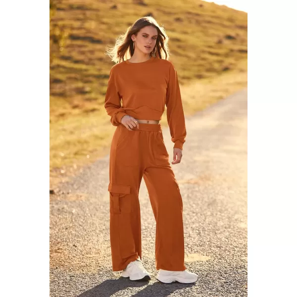 imagePRETTYGARDEN Womens Fall 2 Piece Outfits Sweatsuits Sets Long Sleeve Crop Tops Sweatshirt Wide Leg Cargo Pants with PocketsBrown