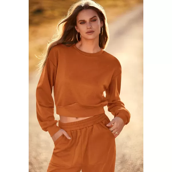 imagePRETTYGARDEN Womens Fall 2 Piece Outfits Sweatsuits Sets Long Sleeve Crop Tops Sweatshirt Wide Leg Cargo Pants with PocketsBrown