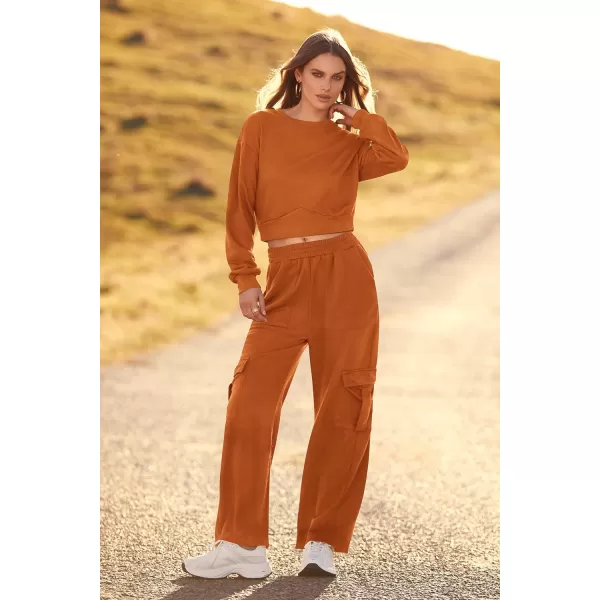 imagePRETTYGARDEN Womens Fall 2 Piece Outfits Sweatsuits Sets Long Sleeve Crop Tops Sweatshirt Wide Leg Cargo Pants with PocketsBrown