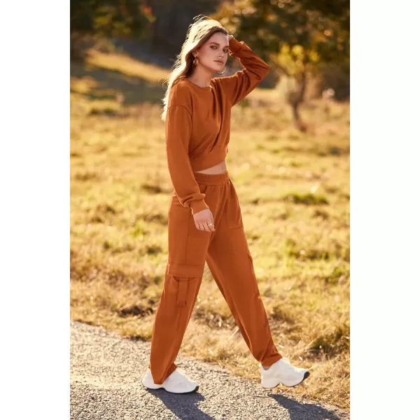 imagePRETTYGARDEN Womens Fall 2 Piece Outfits Sweatsuits Sets Long Sleeve Crop Tops Sweatshirt Wide Leg Cargo Pants with PocketsBrown