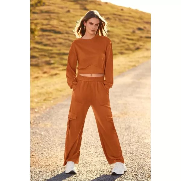 imagePRETTYGARDEN Womens Fall 2 Piece Outfits Sweatsuits Sets Long Sleeve Crop Tops Sweatshirt Wide Leg Cargo Pants with PocketsBrown