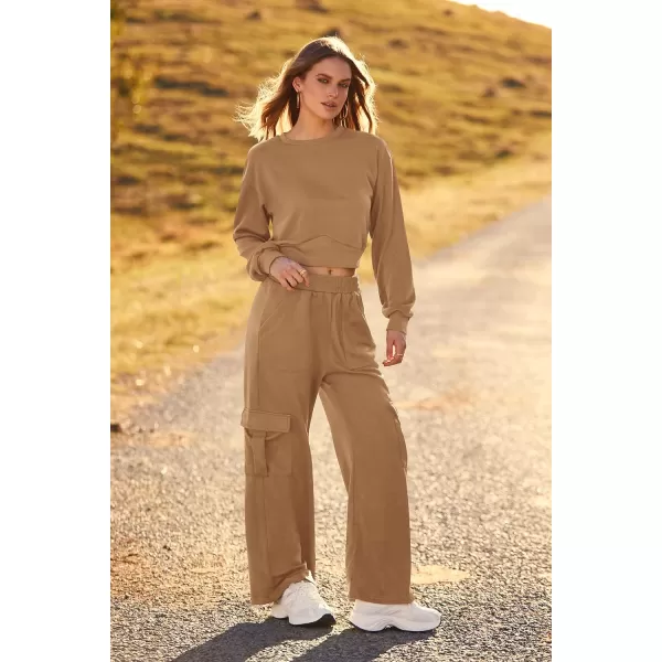imagePRETTYGARDEN Womens Fall 2 Piece Outfits Sweatsuits Sets Long Sleeve Crop Tops Sweatshirt Wide Leg Cargo Pants with PocketsCoffee