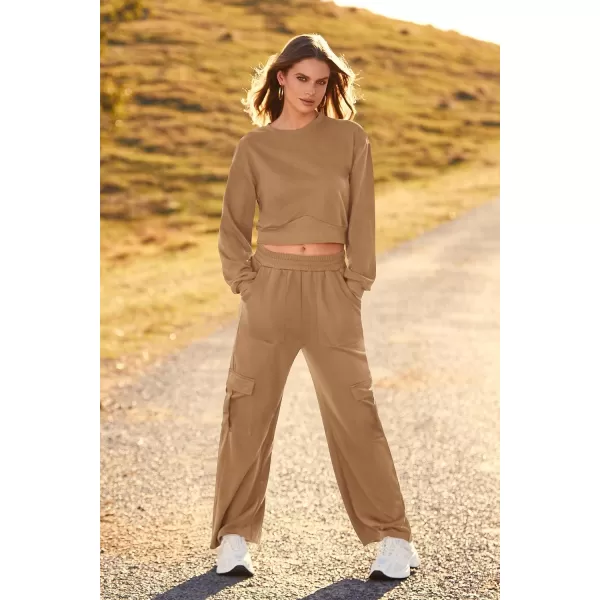 imagePRETTYGARDEN Womens Fall 2 Piece Outfits Sweatsuits Sets Long Sleeve Crop Tops Sweatshirt Wide Leg Cargo Pants with PocketsCoffee