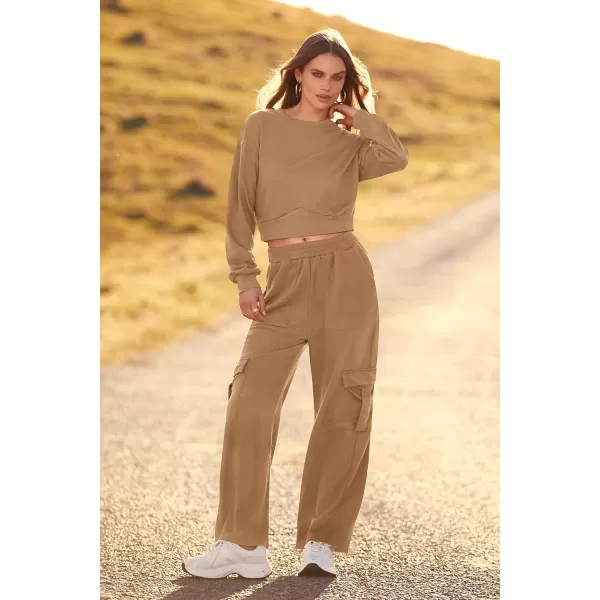 imagePRETTYGARDEN Womens Fall 2 Piece Outfits Sweatsuits Sets Long Sleeve Crop Tops Sweatshirt Wide Leg Cargo Pants with PocketsCoffee