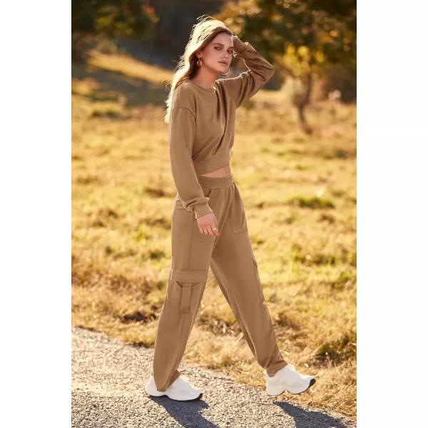 imagePRETTYGARDEN Womens Fall 2 Piece Outfits Sweatsuits Sets Long Sleeve Crop Tops Sweatshirt Wide Leg Cargo Pants with PocketsCoffee