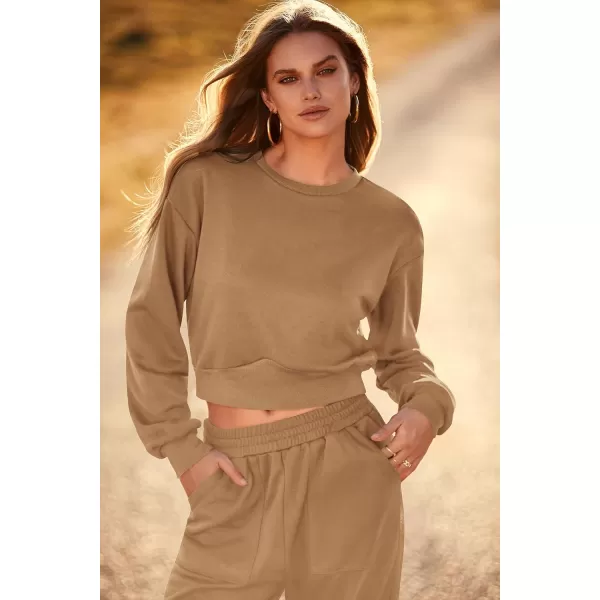 imagePRETTYGARDEN Womens Fall 2 Piece Outfits Sweatsuits Sets Long Sleeve Crop Tops Sweatshirt Wide Leg Cargo Pants with PocketsCoffee