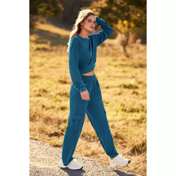 imagePRETTYGARDEN Womens Fall 2 Piece Outfits Sweatsuits Sets Long Sleeve Crop Tops Sweatshirt Wide Leg Cargo Pants with PocketsDark Blue
