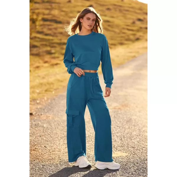 imagePRETTYGARDEN Womens Fall 2 Piece Outfits Sweatsuits Sets Long Sleeve Crop Tops Sweatshirt Wide Leg Cargo Pants with PocketsDark Blue