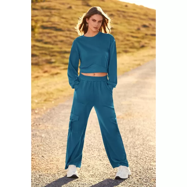 imagePRETTYGARDEN Womens Fall 2 Piece Outfits Sweatsuits Sets Long Sleeve Crop Tops Sweatshirt Wide Leg Cargo Pants with PocketsDark Blue
