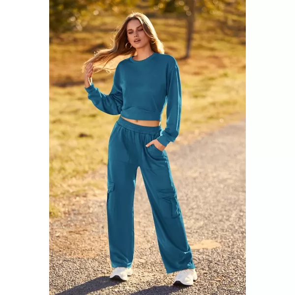 imagePRETTYGARDEN Womens Fall 2 Piece Outfits Sweatsuits Sets Long Sleeve Crop Tops Sweatshirt Wide Leg Cargo Pants with PocketsDark Blue