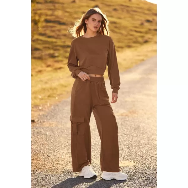 imagePRETTYGARDEN Womens Fall 2 Piece Outfits Sweatsuits Sets Long Sleeve Crop Tops Sweatshirt Wide Leg Cargo Pants with PocketsDark Coffee