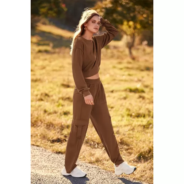imagePRETTYGARDEN Womens Fall 2 Piece Outfits Sweatsuits Sets Long Sleeve Crop Tops Sweatshirt Wide Leg Cargo Pants with PocketsDark Coffee