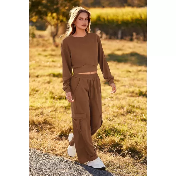 imagePRETTYGARDEN Womens Fall 2 Piece Outfits Sweatsuits Sets Long Sleeve Crop Tops Sweatshirt Wide Leg Cargo Pants with PocketsDark Coffee