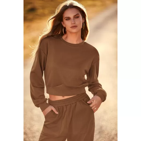 imagePRETTYGARDEN Womens Fall 2 Piece Outfits Sweatsuits Sets Long Sleeve Crop Tops Sweatshirt Wide Leg Cargo Pants with PocketsDark Coffee