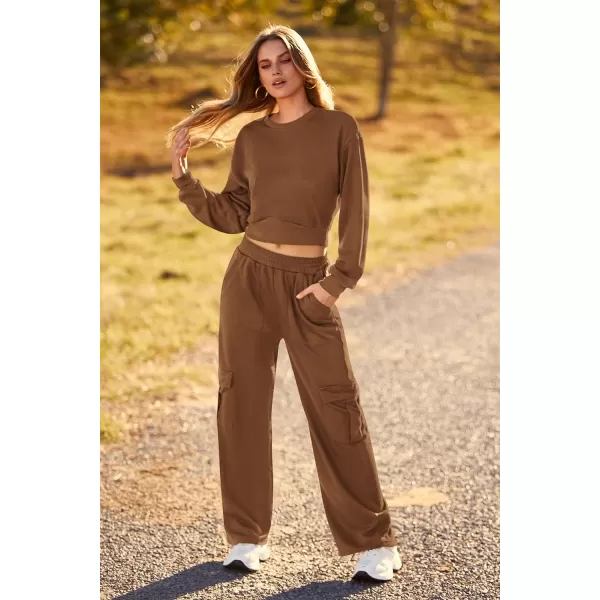 imagePRETTYGARDEN Womens Fall 2 Piece Outfits Sweatsuits Sets Long Sleeve Crop Tops Sweatshirt Wide Leg Cargo Pants with PocketsDark Coffee