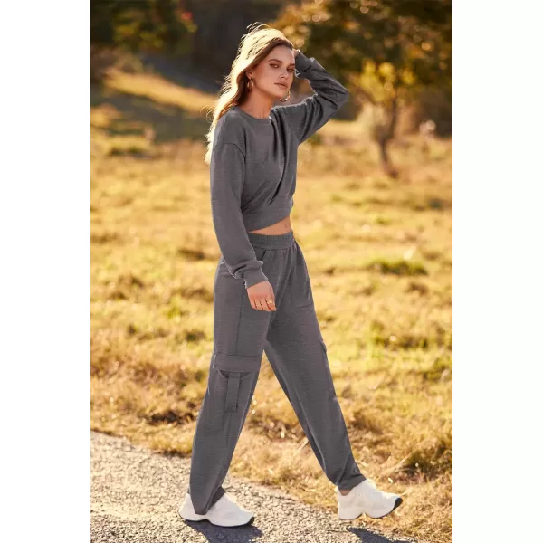 imagePRETTYGARDEN Womens Fall 2 Piece Outfits Sweatsuits Sets Long Sleeve Crop Tops Sweatshirt Wide Leg Cargo Pants with PocketsDark Grey