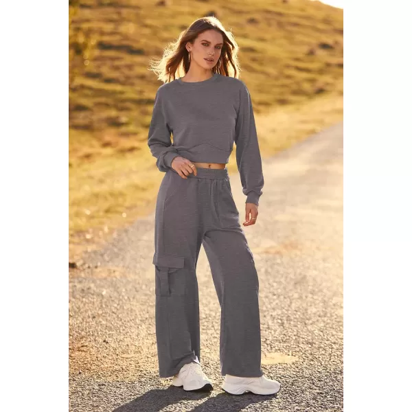 imagePRETTYGARDEN Womens Fall 2 Piece Outfits Sweatsuits Sets Long Sleeve Crop Tops Sweatshirt Wide Leg Cargo Pants with PocketsDark Grey