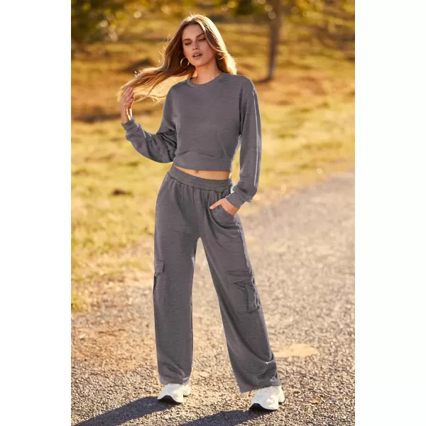 imagePRETTYGARDEN Womens Fall 2 Piece Outfits Sweatsuits Sets Long Sleeve Crop Tops Sweatshirt Wide Leg Cargo Pants with PocketsDark Grey