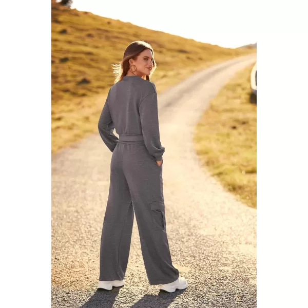 imagePRETTYGARDEN Womens Fall 2 Piece Outfits Sweatsuits Sets Long Sleeve Crop Tops Sweatshirt Wide Leg Cargo Pants with PocketsDark Grey