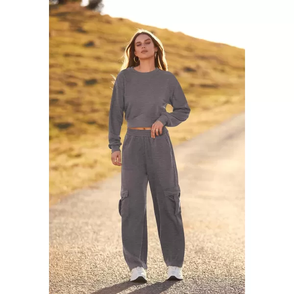imagePRETTYGARDEN Womens Fall 2 Piece Outfits Sweatsuits Sets Long Sleeve Crop Tops Sweatshirt Wide Leg Cargo Pants with PocketsDark Grey