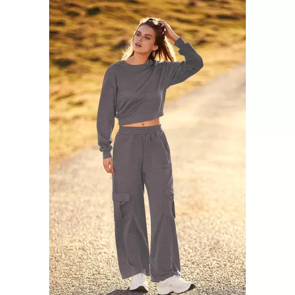 imagePRETTYGARDEN Womens Fall 2 Piece Outfits Sweatsuits Sets Long Sleeve Crop Tops Sweatshirt Wide Leg Cargo Pants with PocketsDark Grey
