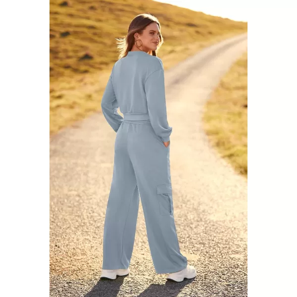 imagePRETTYGARDEN Womens Fall 2 Piece Outfits Sweatsuits Sets Long Sleeve Crop Tops Sweatshirt Wide Leg Cargo Pants with PocketsGrey Blue