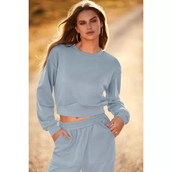 imagePRETTYGARDEN Womens Fall 2 Piece Outfits Sweatsuits Sets Long Sleeve Crop Tops Sweatshirt Wide Leg Cargo Pants with PocketsGrey Blue
