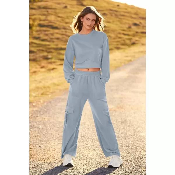 imagePRETTYGARDEN Womens Fall 2 Piece Outfits Sweatsuits Sets Long Sleeve Crop Tops Sweatshirt Wide Leg Cargo Pants with PocketsGrey Blue