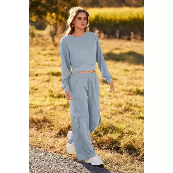 imagePRETTYGARDEN Womens Fall 2 Piece Outfits Sweatsuits Sets Long Sleeve Crop Tops Sweatshirt Wide Leg Cargo Pants with PocketsGrey Blue