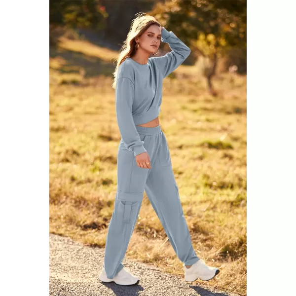 imagePRETTYGARDEN Womens Fall 2 Piece Outfits Sweatsuits Sets Long Sleeve Crop Tops Sweatshirt Wide Leg Cargo Pants with PocketsGrey Blue