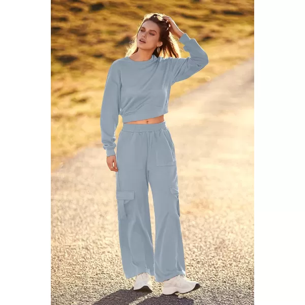 imagePRETTYGARDEN Womens Fall 2 Piece Outfits Sweatsuits Sets Long Sleeve Crop Tops Sweatshirt Wide Leg Cargo Pants with PocketsGrey Blue