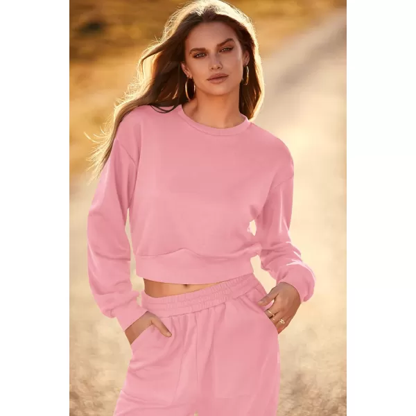 imagePRETTYGARDEN Womens Fall 2 Piece Outfits Sweatsuits Sets Long Sleeve Crop Tops Sweatshirt Wide Leg Cargo Pants with PocketsLight Pink