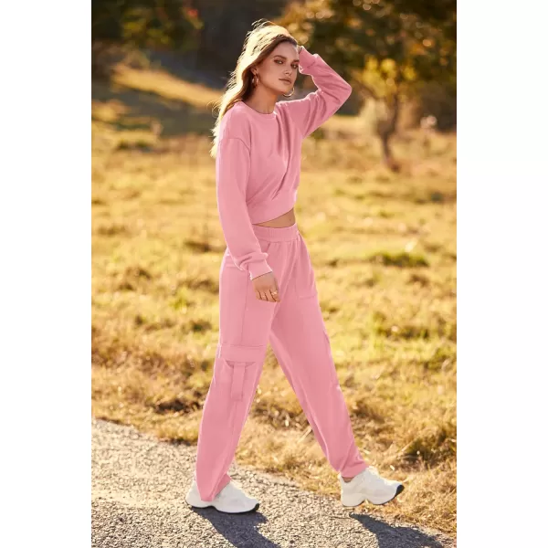 imagePRETTYGARDEN Womens Fall 2 Piece Outfits Sweatsuits Sets Long Sleeve Crop Tops Sweatshirt Wide Leg Cargo Pants with PocketsLight Pink