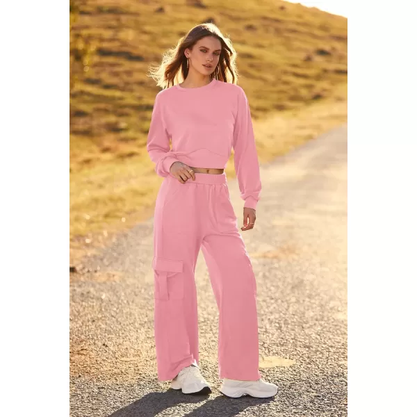 imagePRETTYGARDEN Womens Fall 2 Piece Outfits Sweatsuits Sets Long Sleeve Crop Tops Sweatshirt Wide Leg Cargo Pants with PocketsLight Pink