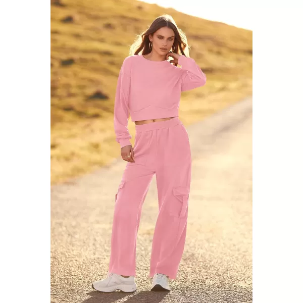 imagePRETTYGARDEN Womens Fall 2 Piece Outfits Sweatsuits Sets Long Sleeve Crop Tops Sweatshirt Wide Leg Cargo Pants with PocketsLight Pink