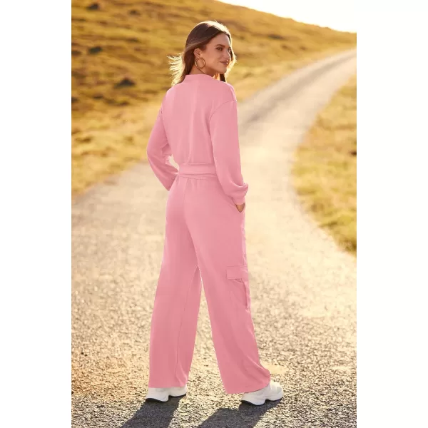 imagePRETTYGARDEN Womens Fall 2 Piece Outfits Sweatsuits Sets Long Sleeve Crop Tops Sweatshirt Wide Leg Cargo Pants with PocketsLight Pink