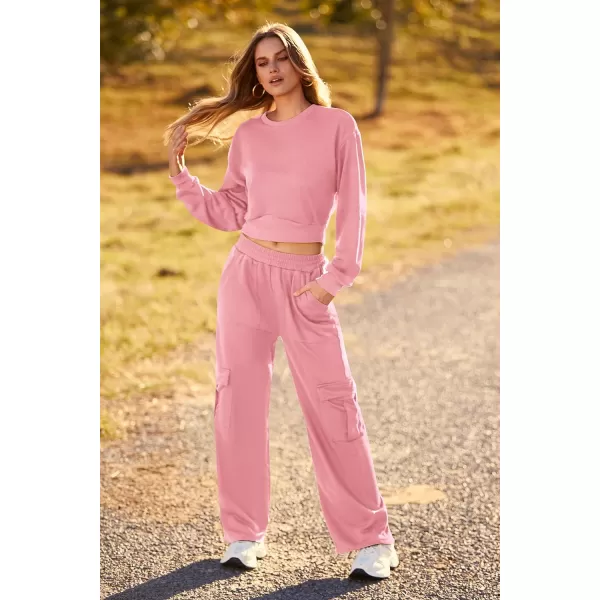 imagePRETTYGARDEN Womens Fall 2 Piece Outfits Sweatsuits Sets Long Sleeve Crop Tops Sweatshirt Wide Leg Cargo Pants with PocketsLight Pink