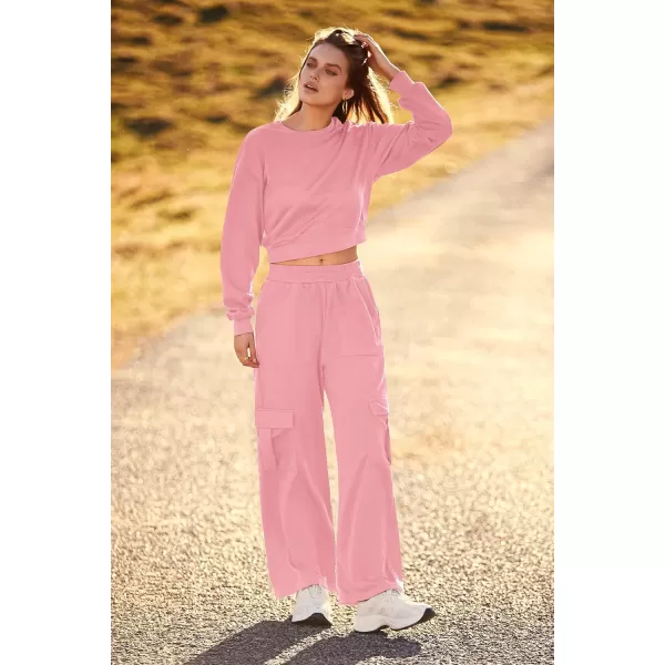 imagePRETTYGARDEN Womens Fall 2 Piece Outfits Sweatsuits Sets Long Sleeve Crop Tops Sweatshirt Wide Leg Cargo Pants with PocketsLight Pink