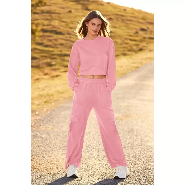 imagePRETTYGARDEN Womens Fall 2 Piece Outfits Sweatsuits Sets Long Sleeve Crop Tops Sweatshirt Wide Leg Cargo Pants with PocketsLight Pink