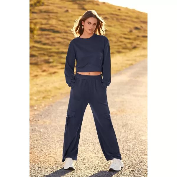 imagePRETTYGARDEN Womens Fall 2 Piece Outfits Sweatsuits Sets Long Sleeve Crop Tops Sweatshirt Wide Leg Cargo Pants with PocketsNavy