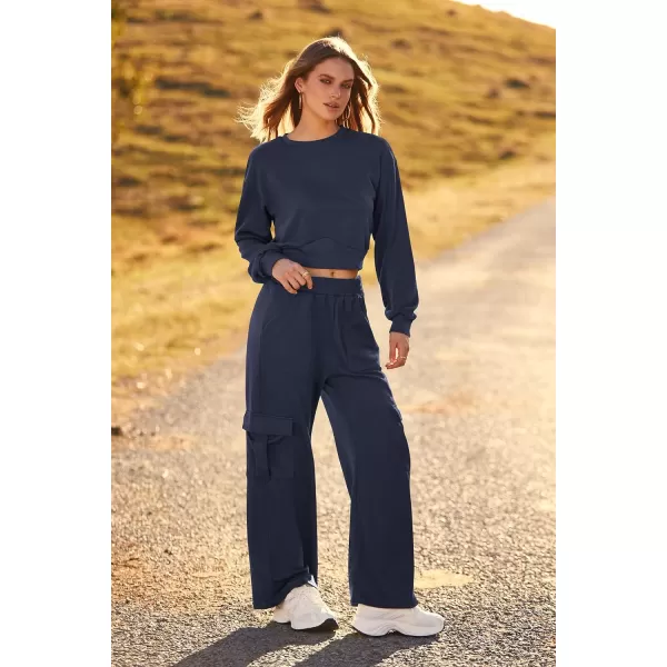 imagePRETTYGARDEN Womens Fall 2 Piece Outfits Sweatsuits Sets Long Sleeve Crop Tops Sweatshirt Wide Leg Cargo Pants with PocketsNavy