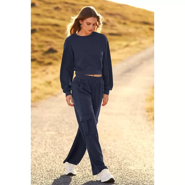 imagePRETTYGARDEN Womens Fall 2 Piece Outfits Sweatsuits Sets Long Sleeve Crop Tops Sweatshirt Wide Leg Cargo Pants with PocketsNavy