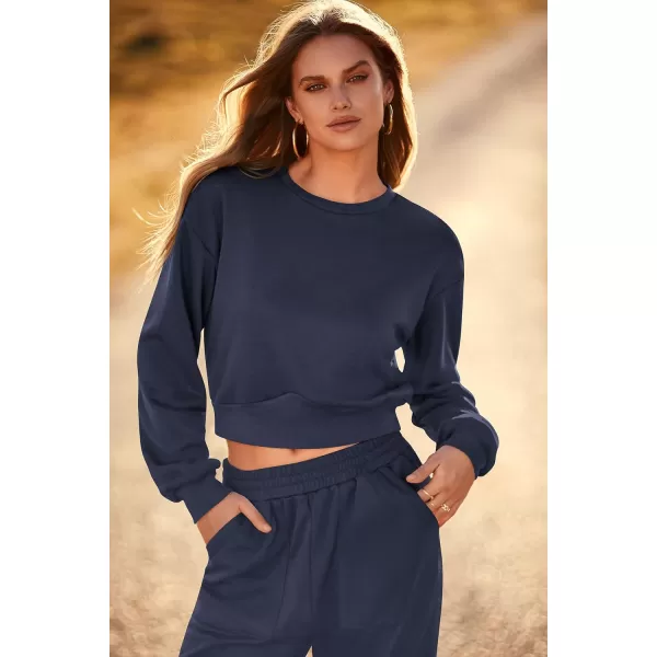 imagePRETTYGARDEN Womens Fall 2 Piece Outfits Sweatsuits Sets Long Sleeve Crop Tops Sweatshirt Wide Leg Cargo Pants with PocketsNavy