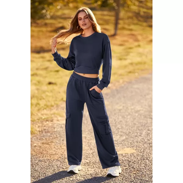 imagePRETTYGARDEN Womens Fall 2 Piece Outfits Sweatsuits Sets Long Sleeve Crop Tops Sweatshirt Wide Leg Cargo Pants with PocketsNavy
