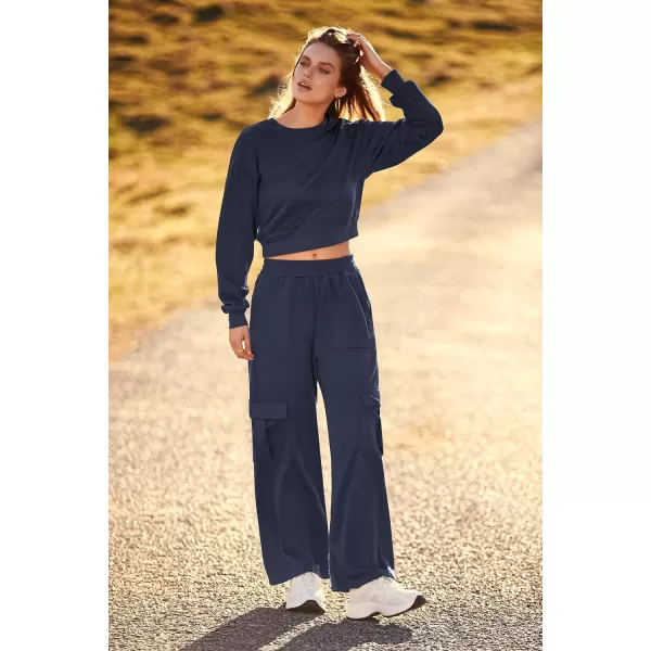imagePRETTYGARDEN Womens Fall 2 Piece Outfits Sweatsuits Sets Long Sleeve Crop Tops Sweatshirt Wide Leg Cargo Pants with PocketsNavy