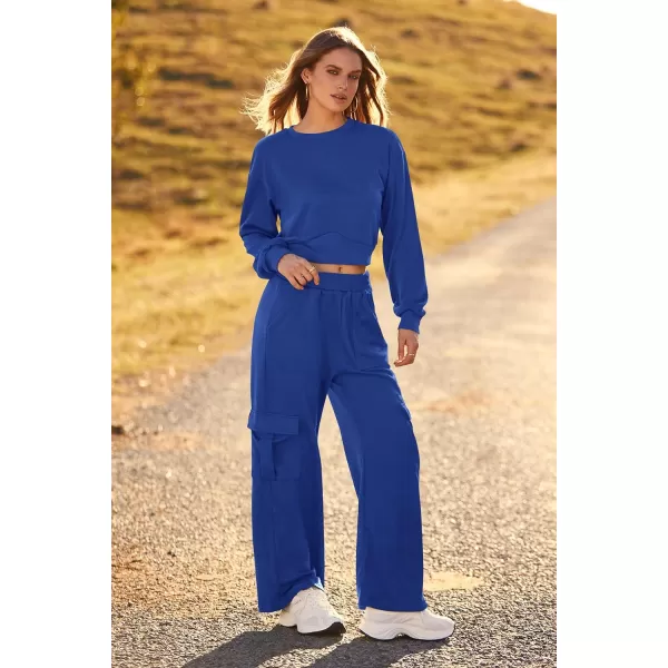 imagePRETTYGARDEN Womens Fall 2 Piece Outfits Sweatsuits Sets Long Sleeve Crop Tops Sweatshirt Wide Leg Cargo Pants with PocketsRoyal Blue
