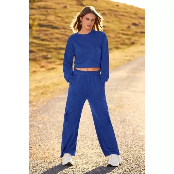 imagePRETTYGARDEN Womens Fall 2 Piece Outfits Sweatsuits Sets Long Sleeve Crop Tops Sweatshirt Wide Leg Cargo Pants with PocketsRoyal Blue
